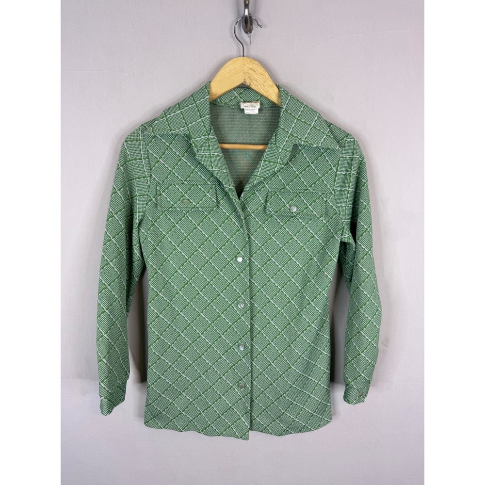 Vintage 70s Miss Pernilla‎ Green Geometric Knit Button Up Shirt Mod Canada